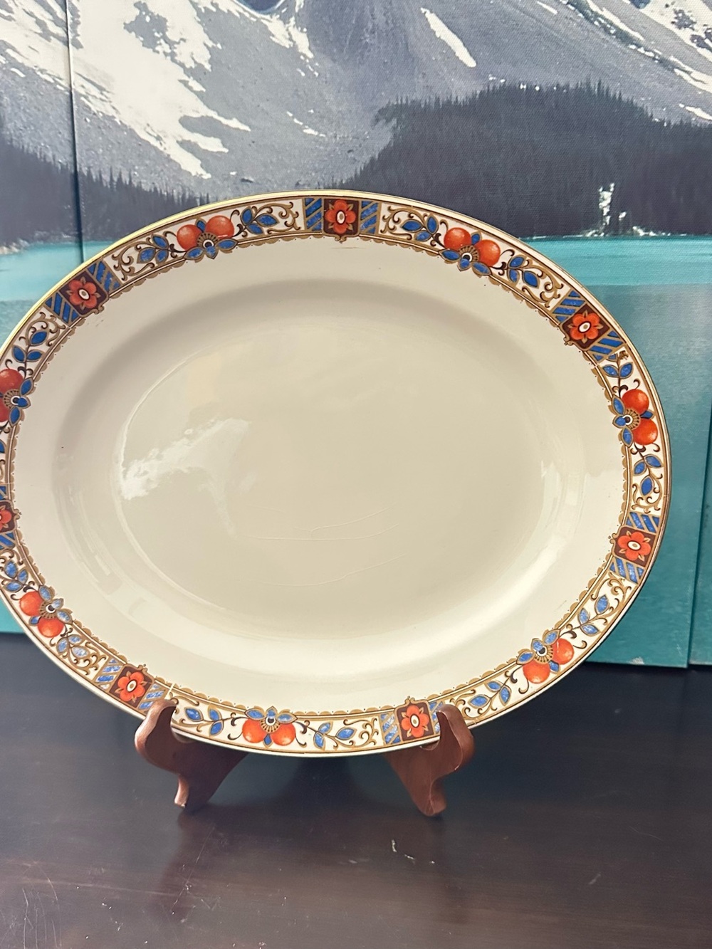 Decorative Cream Serving Platter with Red and Blue Floral Border (England)